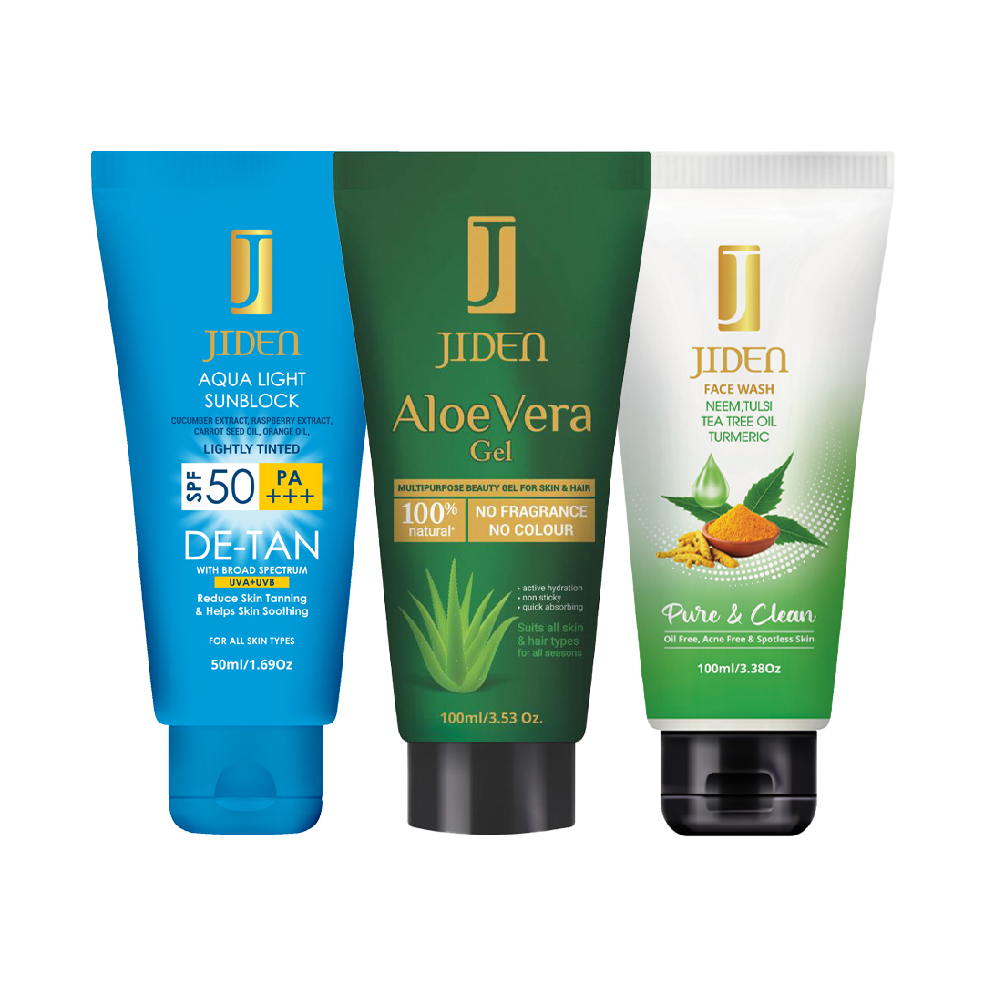 Jiden Aqua Light Sunblock 50 Ml+Aloe Vera Gel 100g+Jiden Pure & Clean Facewash